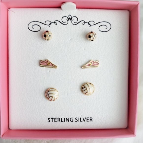 Sterling Silver Gold & Pink NIB Sports Earring Set - Picture 1 of 3